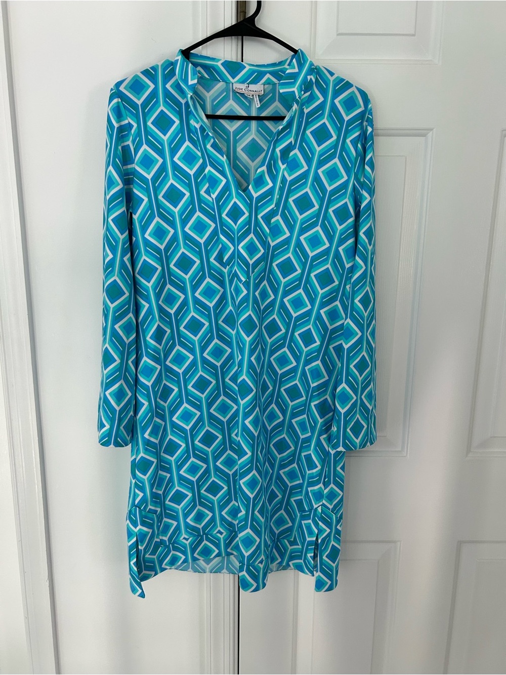 Jude Connally Teal & White Geometric Long Sleeve Dress